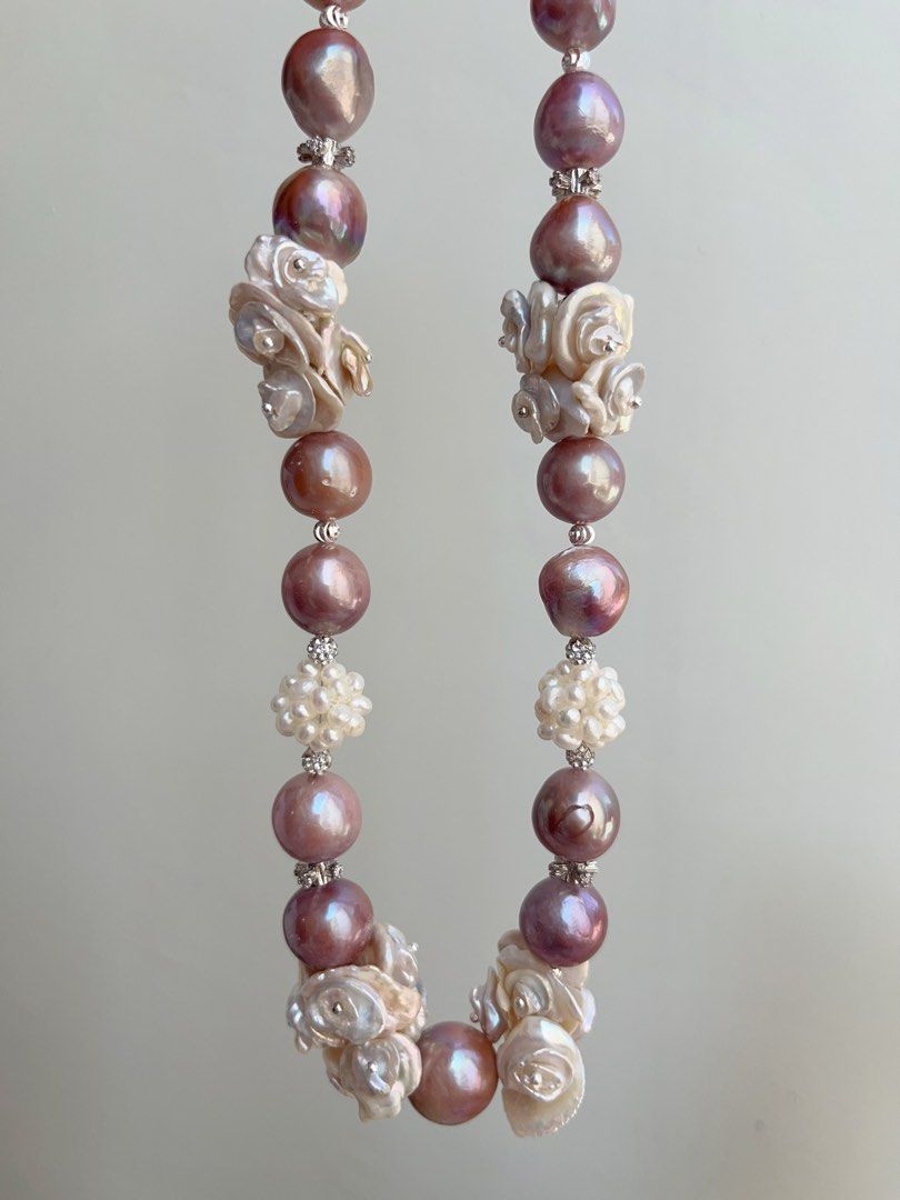 #PN852 [Floral Series] Freshwater Pearl Necklace | Multi-layer Flower Petals | 14mm Big Purple Lustrous Baroque|Pearl Flower Ball| Gorgeous Floral Design| Madam of Night Garden