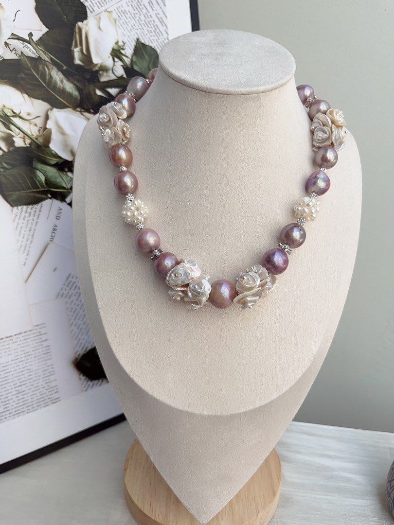 #PN852 [Floral Series] Freshwater Pearl Necklace | Multi-layer Flower Petals | 14mm Big Purple Lustrous Baroque|Pearl Flower Ball| Gorgeous Floral Design| Madam of Night Garden