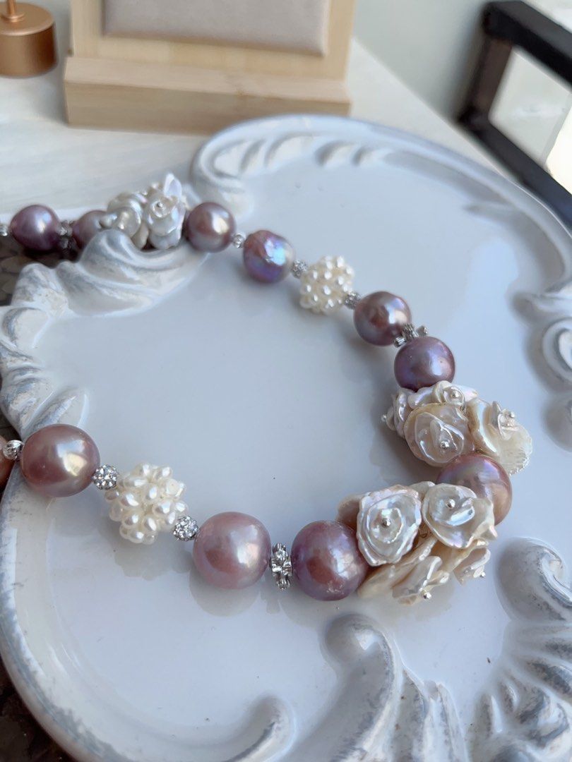 #PN852 [Floral Series] Freshwater Pearl Necklace | Multi-layer Flower Petals | 14mm Big Purple Lustrous Baroque|Pearl Flower Ball| Gorgeous Floral Design| Madam of Night Garden
