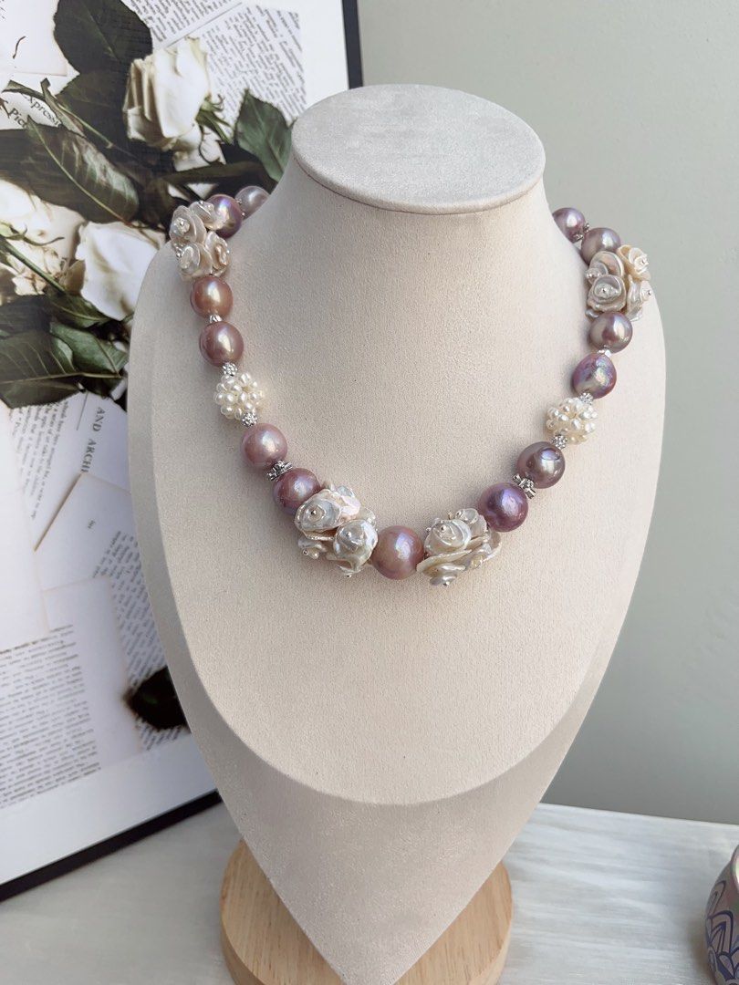 #PN852 [Floral Series] Freshwater Pearl Necklace | Multi-layer Flower Petals | 14mm Big Purple Lustrous Baroque|Pearl Flower Ball| Gorgeous Floral Design| Madam of Night Garden