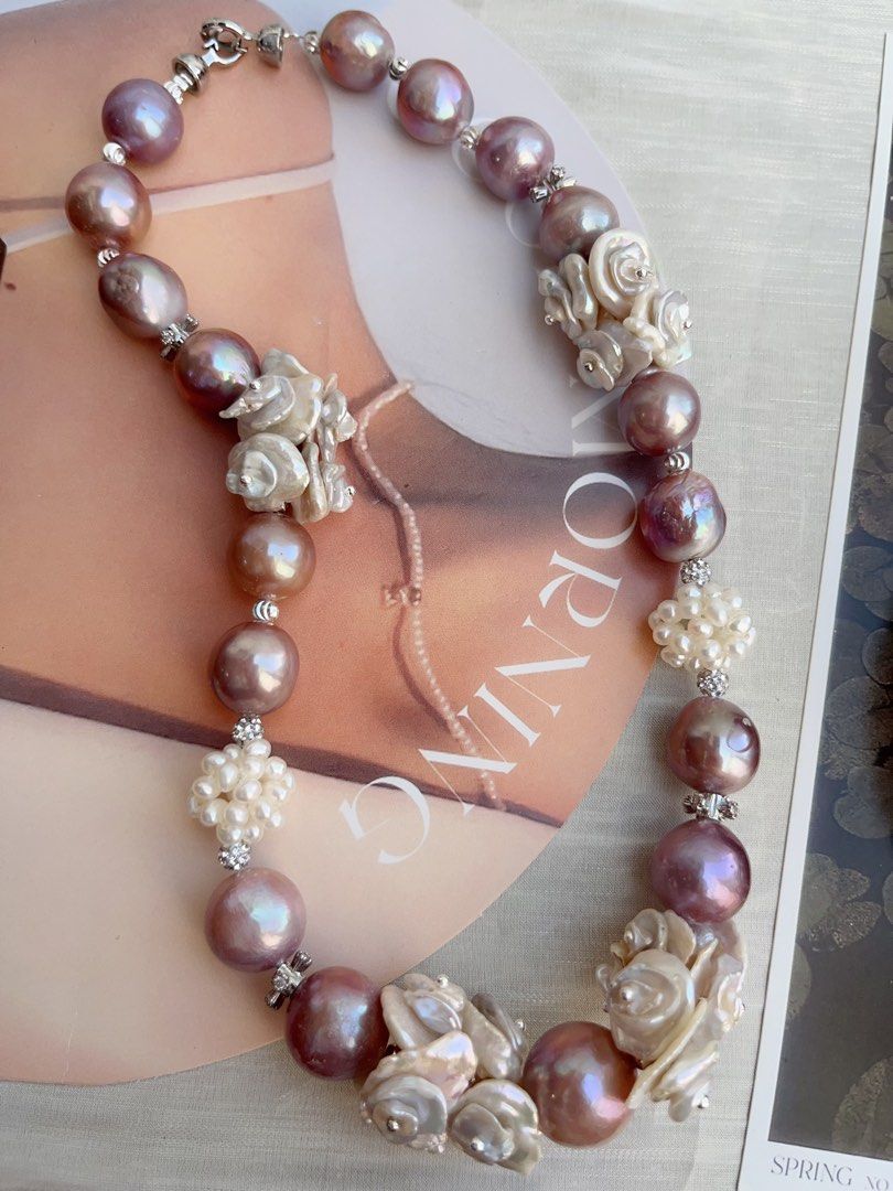 #PN852 [Floral Series] Freshwater Pearl Necklace | Multi-layer Flower Petals | 14mm Big Purple Lustrous Baroque|Pearl Flower Ball| Gorgeous Floral Design| Madam of Night Garden