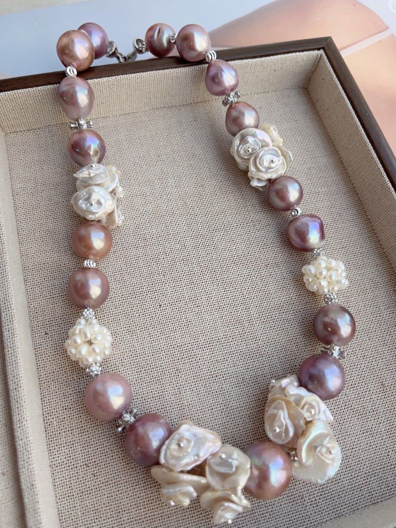 #PN852 [Floral Series] Freshwater Pearl Necklace | Multi-layer Flower Petals | 14mm Big Purple Lustrous Baroque|Pearl Flower Ball| Gorgeous Floral Design| Madam of Night Garden