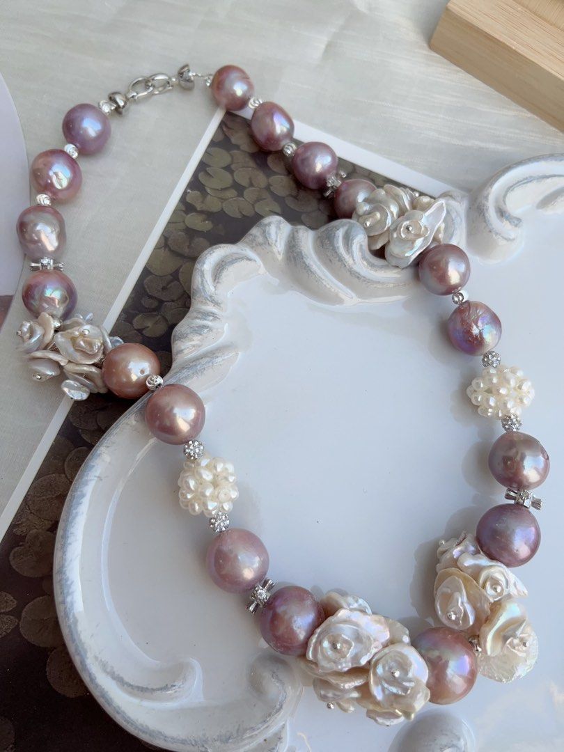 #PN852 [Floral Series] Freshwater Pearl Necklace | Multi-layer Flower Petals | 14mm Big Purple Lustrous Baroque|Pearl Flower Ball| Gorgeous Floral Design| Madam of Night Garden