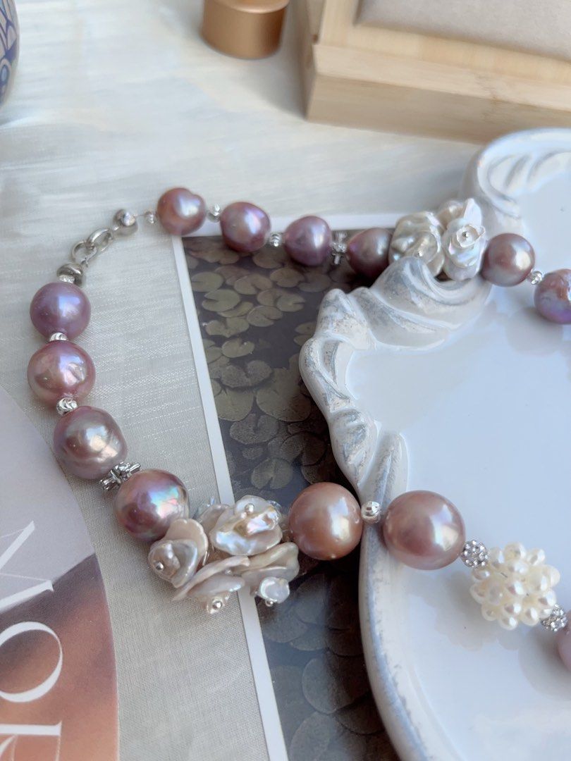 #PN852 [Floral Series] Freshwater Pearl Necklace | Multi-layer Flower Petals | 14mm Big Purple Lustrous Baroque|Pearl Flower Ball| Gorgeous Floral Design| Madam of Night Garden