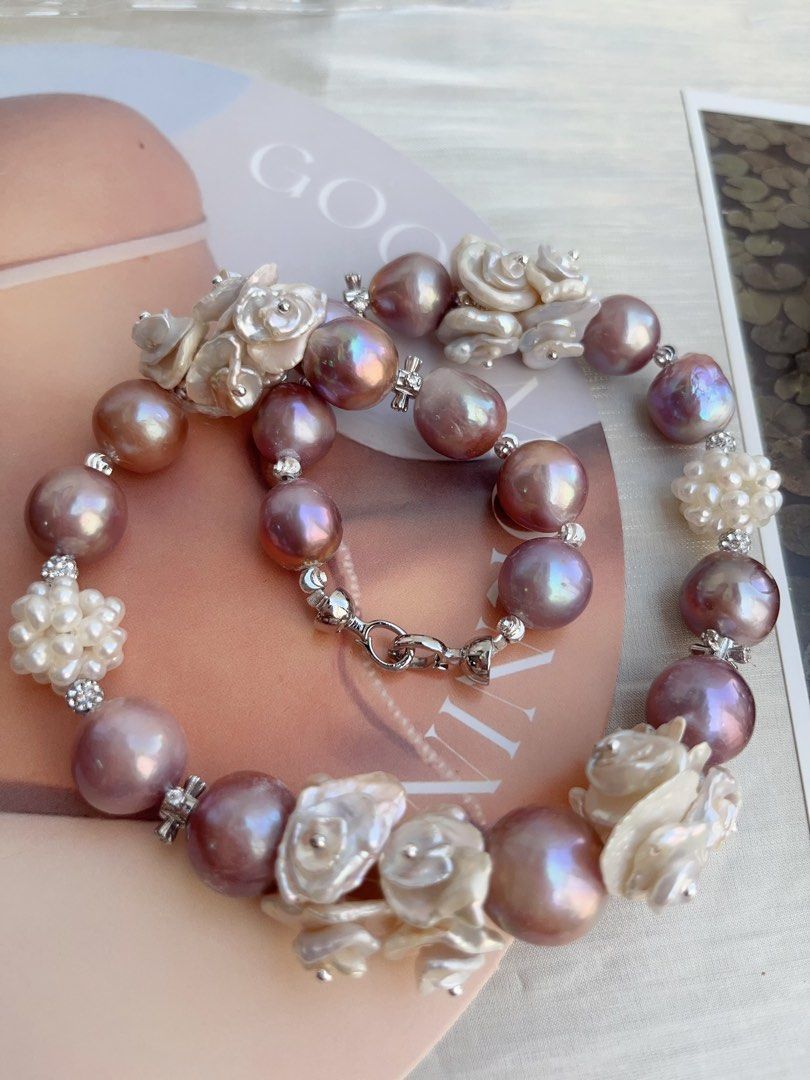 #PN852 [Floral Series] Freshwater Pearl Necklace | Multi-layer Flower Petals | 14mm Big Purple Lustrous Baroque|Pearl Flower Ball| Gorgeous Floral Design| Madam of Night Garden
