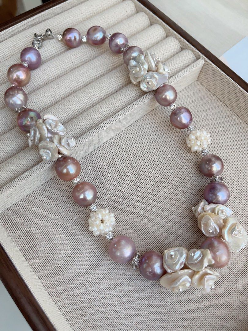 #PN852 [Floral Series] Freshwater Pearl Necklace | Multi-layer Flower Petals | 14mm Big Purple Lustrous Baroque|Pearl Flower Ball| Gorgeous Floral Design| Madam of Night Garden