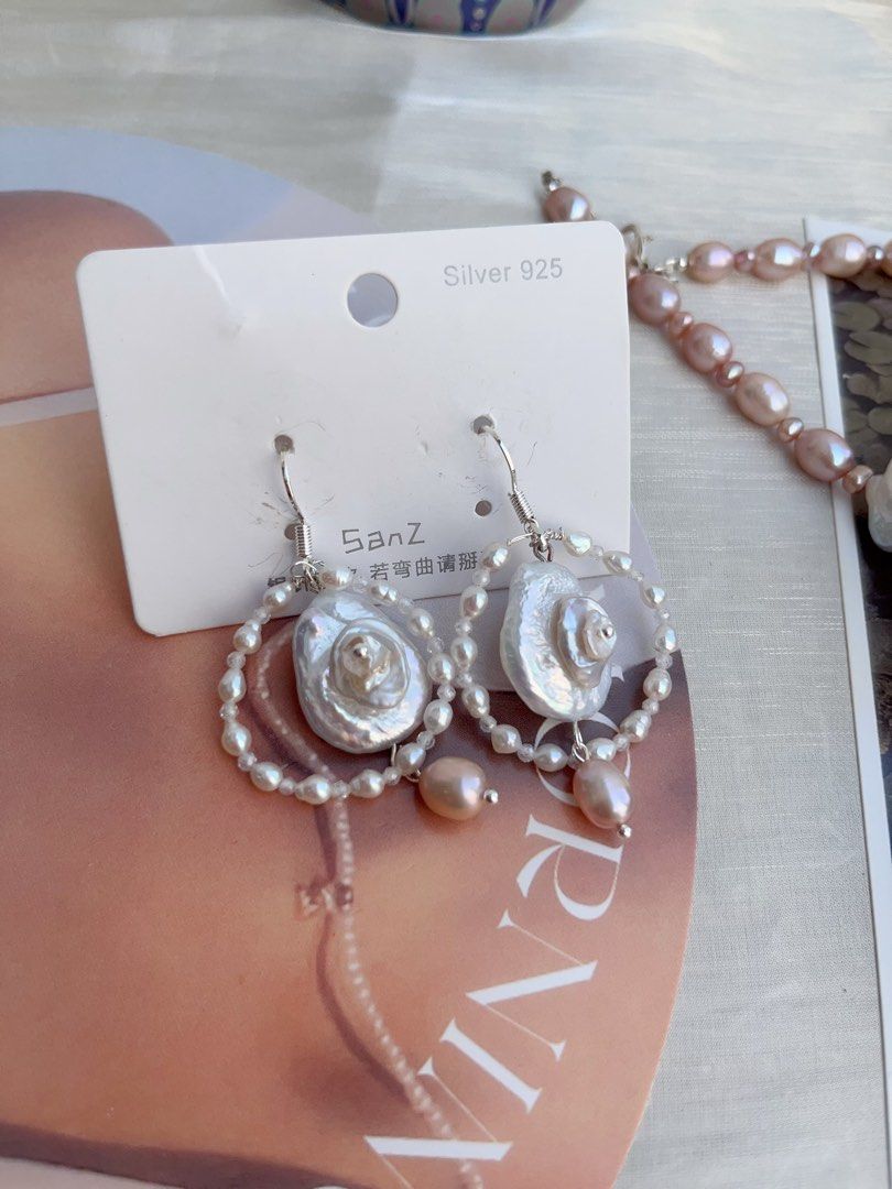 #PN853 Freshwater Pearl Necklace & Earrings Set | Secret Garden | Big Lute Pearl| Petal on Lute| Petals on Fishtail Baroque | Asymmetrical Casual Design