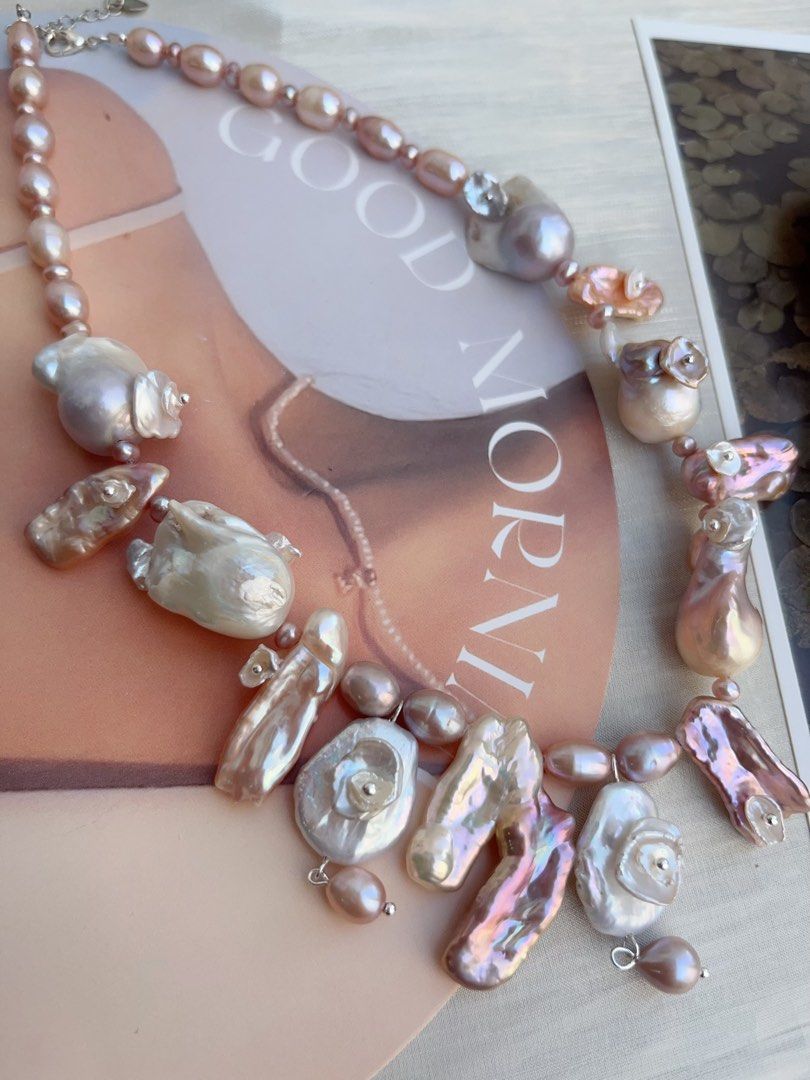 #PN853 Freshwater Pearl Necklace & Earrings Set | Secret Garden | Big Lute Pearl| Petal on Lute| Petals on Fishtail Baroque | Asymmetrical Casual Design