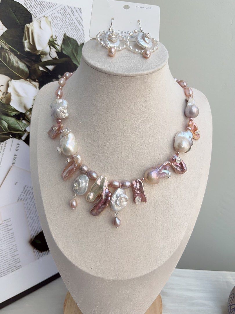#PN853 Freshwater Pearl Necklace & Earrings Set | Secret Garden | Big Lute Pearl| Petal on Lute| Petals on Fishtail Baroque | Asymmetrical Casual Design