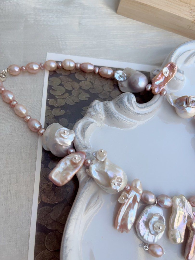 #PN853 Freshwater Pearl Necklace & Earrings Set | Secret Garden | Big Lute Pearl| Petal on Lute| Petals on Fishtail Baroque | Asymmetrical Casual Design
