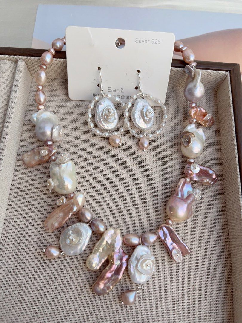 #PN853 Freshwater Pearl Necklace & Earrings Set | Secret Garden | Big Lute Pearl| Petal on Lute| Petals on Fishtail Baroque | Asymmetrical Casual Design