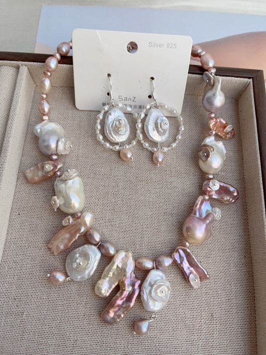 #PN853 Freshwater Pearl Necklace & Earrings Set | Secret Garden | Big Lute Pearl| Petal on Lute| Petals on Fishtail Baroque | Asymmetrical Casual Design