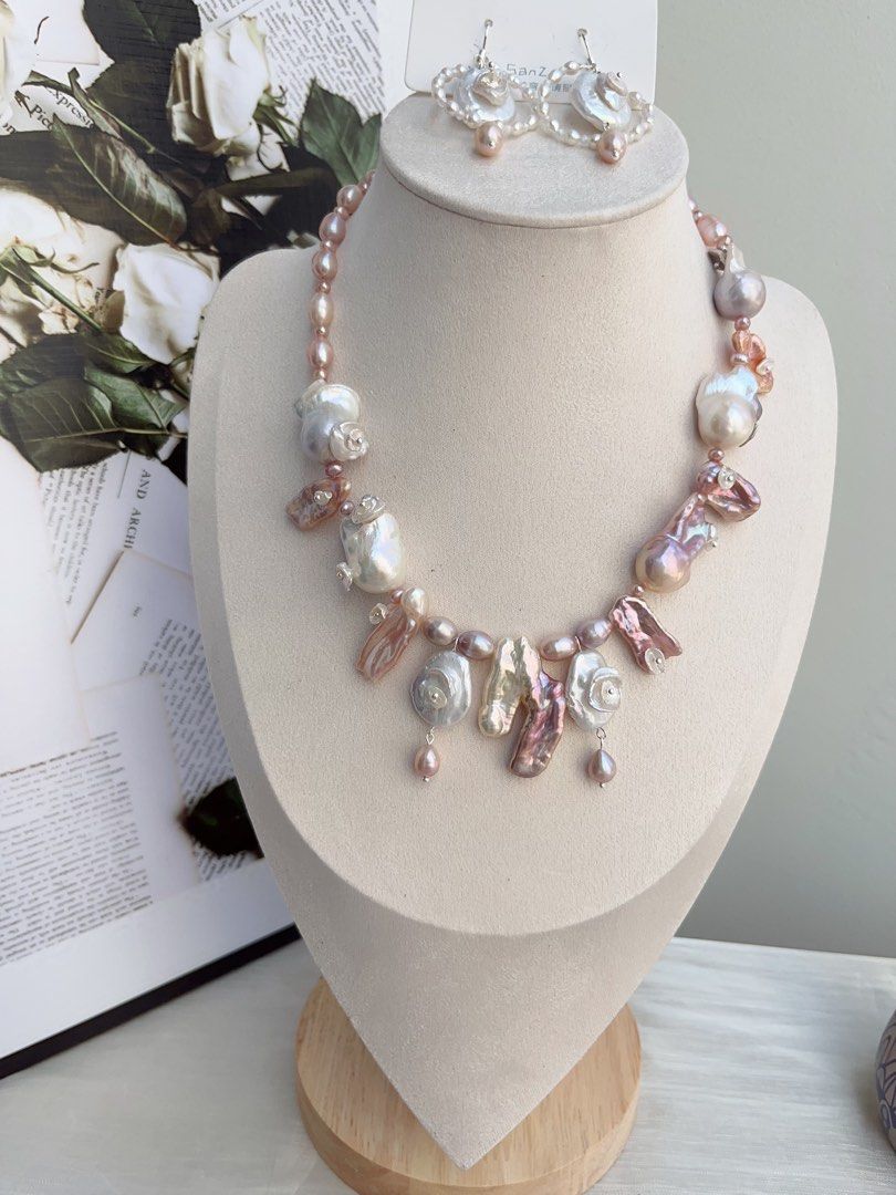 #PN853 Freshwater Pearl Necklace & Earrings Set | Secret Garden | Big Lute Pearl| Petal on Lute| Petals on Fishtail Baroque | Asymmetrical Casual Design