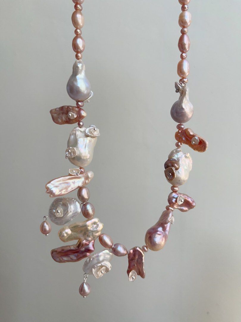 #PN853 Freshwater Pearl Necklace & Earrings Set | Secret Garden | Big Lute Pearl| Petal on Lute| Petals on Fishtail Baroque | Asymmetrical Casual Design