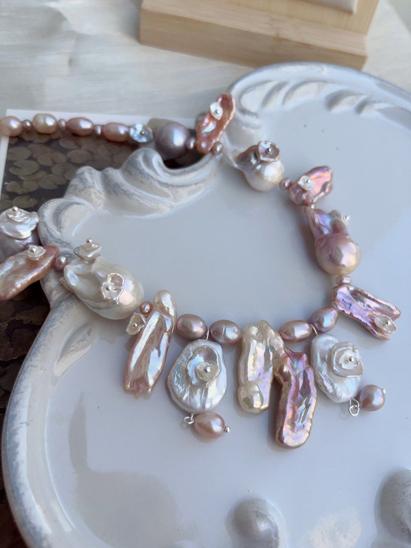 #PN853 Freshwater Pearl Necklace & Earrings Set | Secret Garden | Big Lute Pearl| Petal on Lute| Petals on Fishtail Baroque | Asymmetrical Casual Design