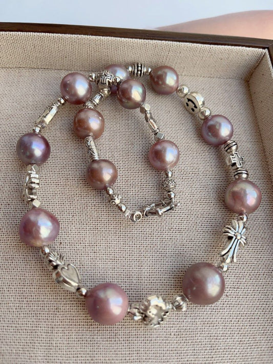 #PN854 Purple Stars| Freshwater Pearl Necklace | 13mm Big Baroque | Metallic Purple Lustre | Mrs Mysterious