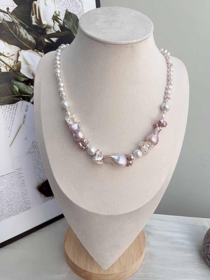 #PN855 [Floral Series] Freshwater Pearl Necklace | Entry Level| Classic Fairy Purple Colour Fishtail Baroque | White Petals | Lustrous | Half-half Design| Complete Your Look