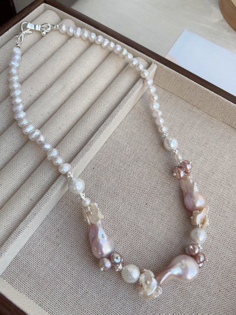 #PN855 [Floral Series] Freshwater Pearl Necklace | Entry Level| Classic Fairy Purple Colour Fishtail Baroque | White Petals | Lustrous | Half-half Design| Complete Your Look