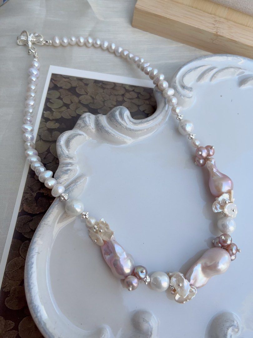 #PN855 [Floral Series] Freshwater Pearl Necklace | Entry Level| Classic Fairy Purple Colour Fishtail Baroque | White Petals | Lustrous | Half-half Design| Complete Your Look