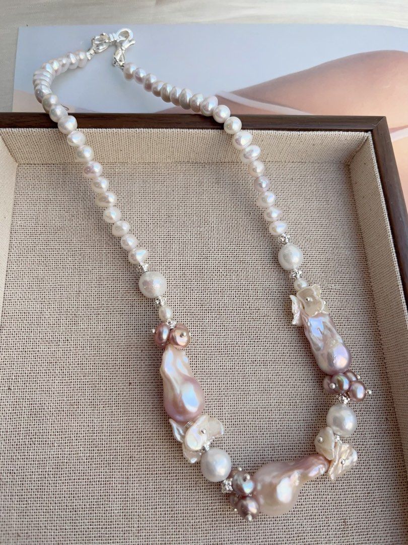 #PN855 [Floral Series] Freshwater Pearl Necklace | Entry Level| Classic Fairy Purple Colour Fishtail Baroque | White Petals | Lustrous | Half-half Design| Complete Your Look