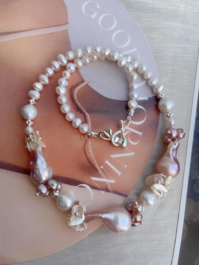 #PN855 [Floral Series] Freshwater Pearl Necklace | Entry Level| Classic Fairy Purple Colour Fishtail Baroque | White Petals | Lustrous | Half-half Design| Complete Your Look