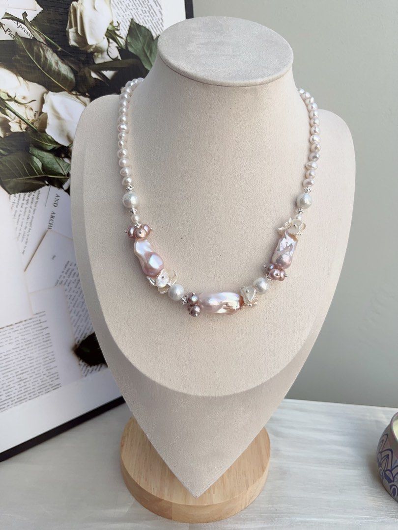 #PN855 [Floral Series] Freshwater Pearl Necklace | Entry Level| Classic Fairy Purple Colour Fishtail Baroque | White Petals | Lustrous | Half-half Design| Complete Your Look