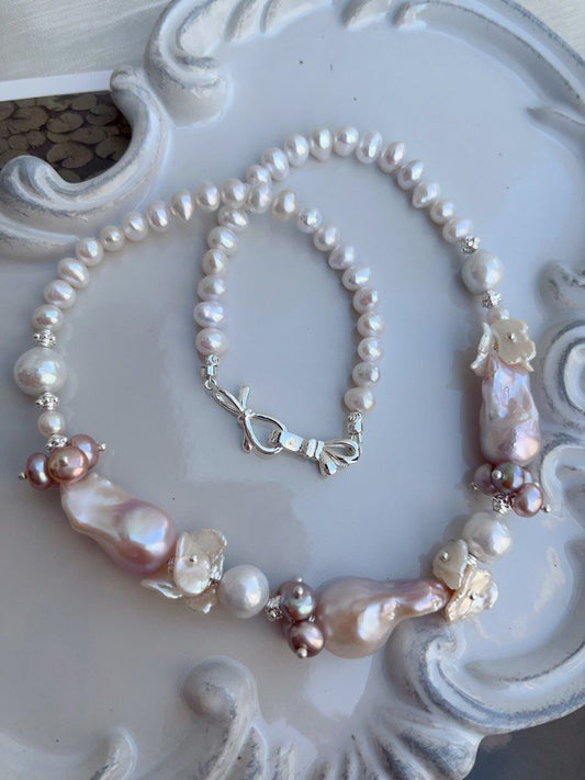 #PN855 [Floral Series] Freshwater Pearl Necklace | Entry Level| Classic Fairy Purple Colour Fishtail Baroque | White Petals | Lustrous | Half-half Design| Complete Your Look