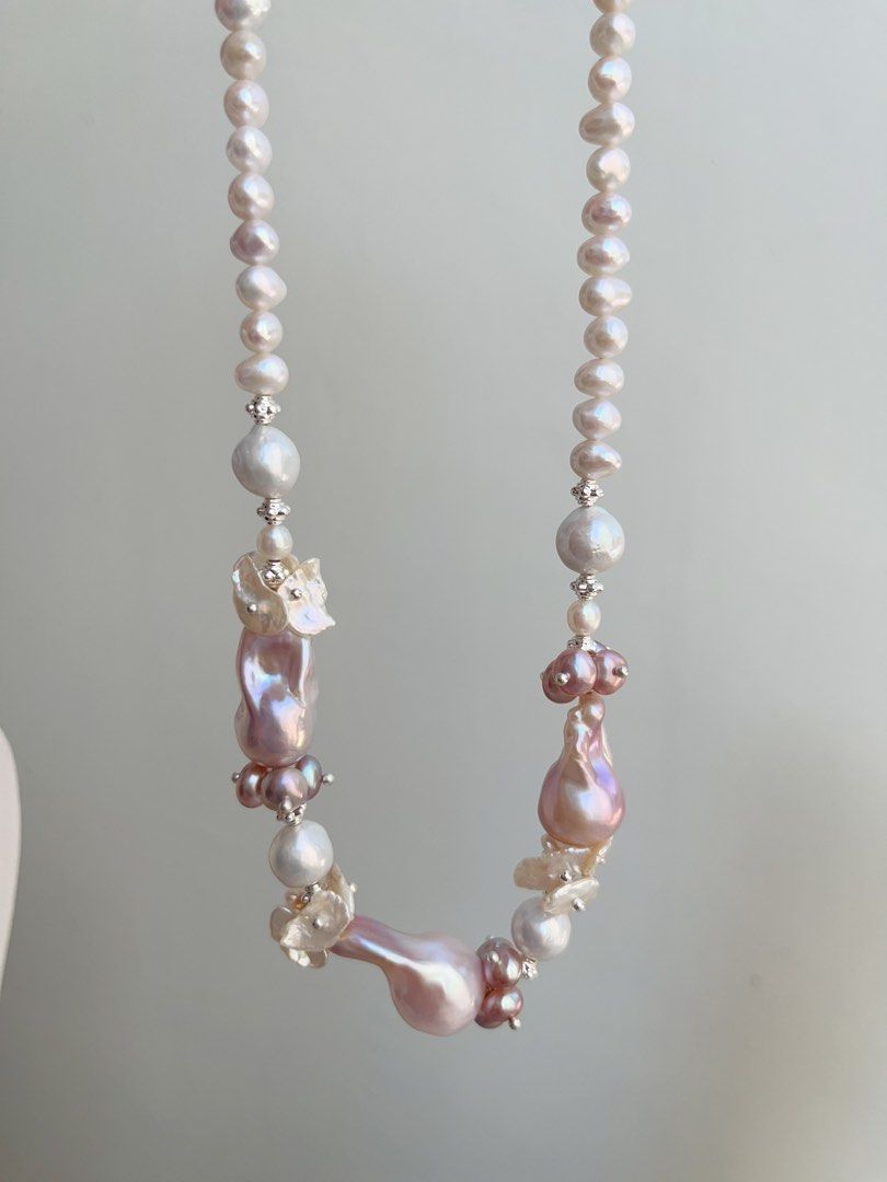 #PN855 [Floral Series] Freshwater Pearl Necklace | Entry Level| Classic Fairy Purple Colour Fishtail Baroque | White Petals | Lustrous | Half-half Design| Complete Your Look