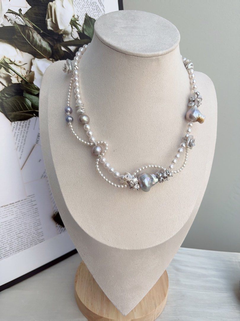 #PN857 [Floral Series] Freshwater Pearl Necklace | Pearl Lace Waves| Asymmetrical | Silver Grey Blue Lustre Fishtail Baroque | Vine on Your Neck
