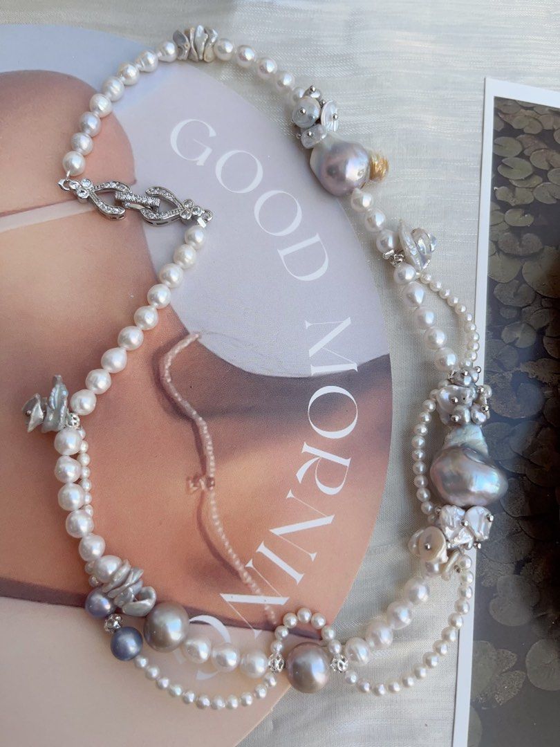 #PN857 [Floral Series] Freshwater Pearl Necklace | Pearl Lace Waves| Asymmetrical | Silver Grey Blue Lustre Fishtail Baroque | Vine on Your Neck