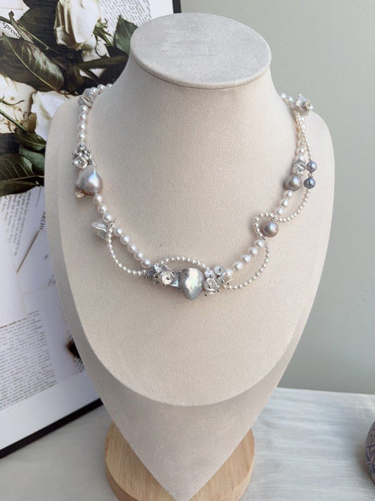 #PN857 [Floral Series] Freshwater Pearl Necklace | Pearl Lace Waves| Asymmetrical | Silver Grey Blue Lustre Fishtail Baroque | Vine on Your Neck