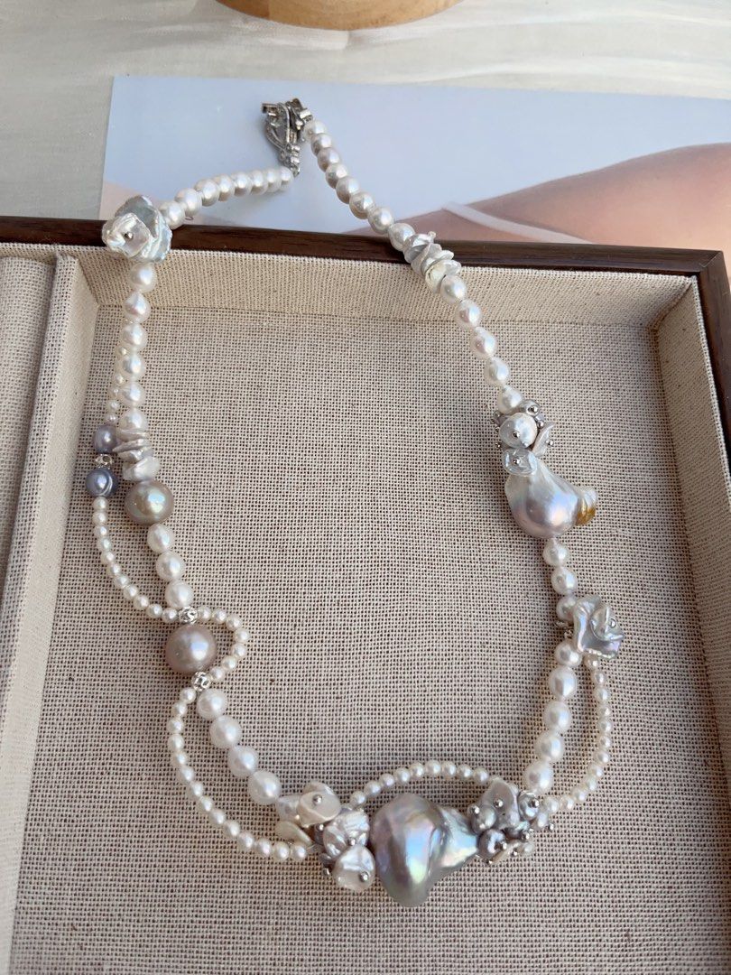 #PN857 [Floral Series] Freshwater Pearl Necklace | Pearl Lace Waves| Asymmetrical | Silver Grey Blue Lustre Fishtail Baroque | Vine on Your Neck