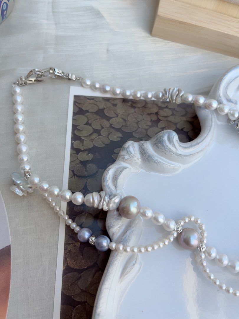 #PN857 [Floral Series] Freshwater Pearl Necklace | Pearl Lace Waves| Asymmetrical | Silver Grey Blue Lustre Fishtail Baroque | Vine on Your Neck