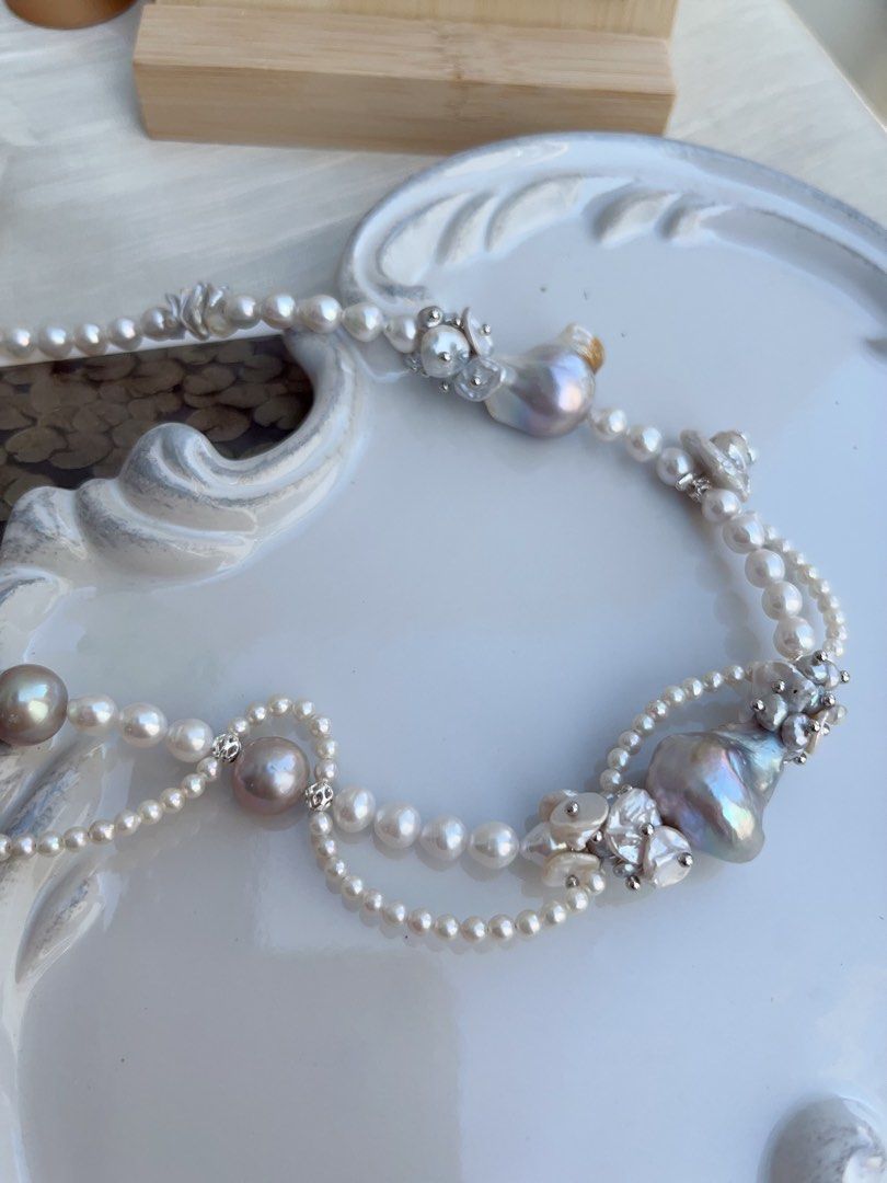 #PN857 [Floral Series] Freshwater Pearl Necklace | Pearl Lace Waves| Asymmetrical | Silver Grey Blue Lustre Fishtail Baroque | Vine on Your Neck