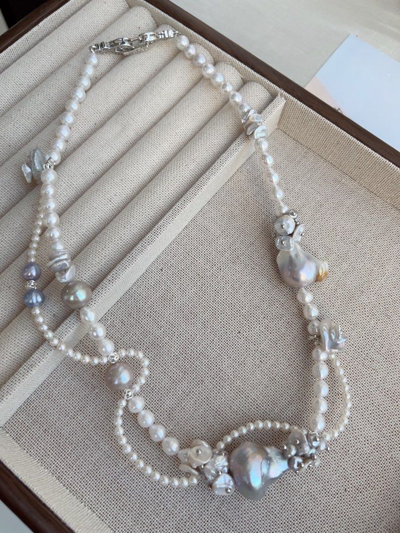 #PN857 [Floral Series] Freshwater Pearl Necklace | Pearl Lace Waves| Asymmetrical | Silver Grey Blue Lustre Fishtail Baroque | Vine on Your Neck