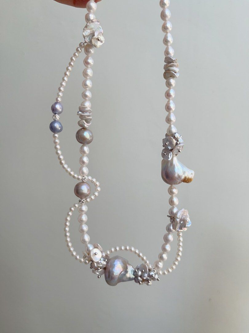 #PN857 [Floral Series] Freshwater Pearl Necklace | Pearl Lace Waves| Asymmetrical | Silver Grey Blue Lustre Fishtail Baroque | Vine on Your Neck