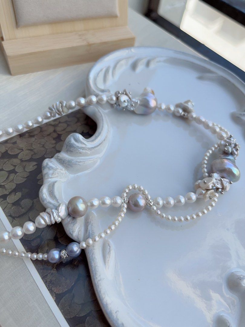 #PN857 [Floral Series] Freshwater Pearl Necklace | Pearl Lace Waves| Asymmetrical | Silver Grey Blue Lustre Fishtail Baroque | Vine on Your Neck