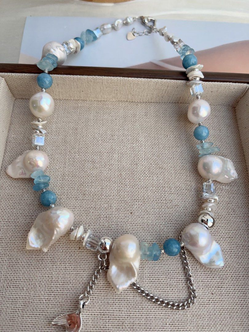 #PN858 Freshwater Pearl Necklace | Fishtail Baroque | Aquamarine Chips| Layered Petals| Mediterranean Style | Dangling Fishtail| Mermaid Tears