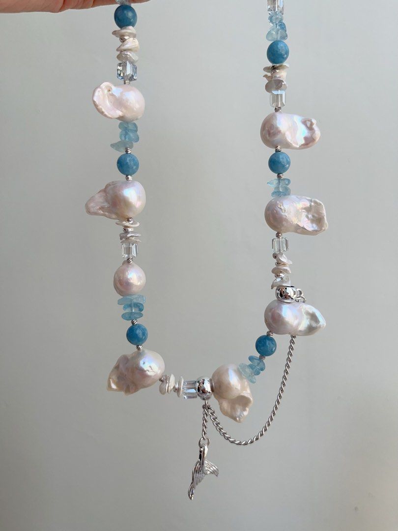#PN858 Freshwater Pearl Necklace | Fishtail Baroque | Aquamarine Chips| Layered Petals| Mediterranean Style | Dangling Fishtail| Mermaid Tears