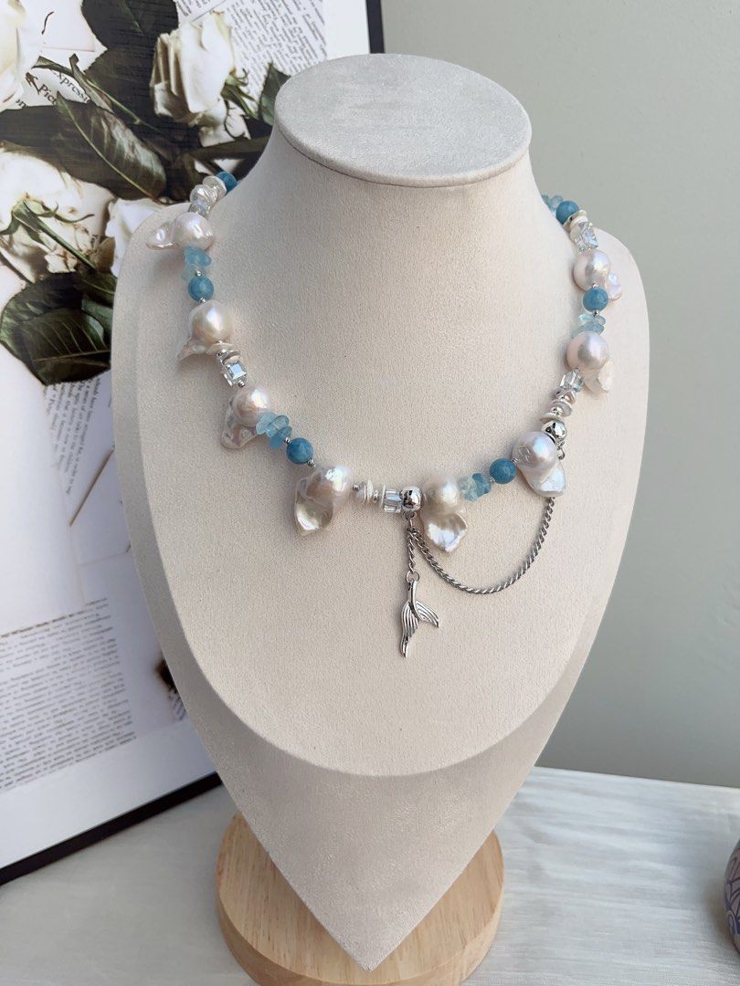 #PN858 Freshwater Pearl Necklace | Fishtail Baroque | Aquamarine Chips| Layered Petals| Mediterranean Style | Dangling Fishtail| Mermaid Tears