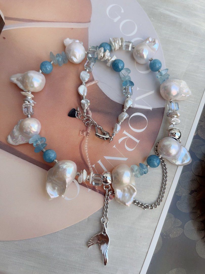 #PN858 Freshwater Pearl Necklace | Fishtail Baroque | Aquamarine Chips| Layered Petals| Mediterranean Style | Dangling Fishtail| Mermaid Tears