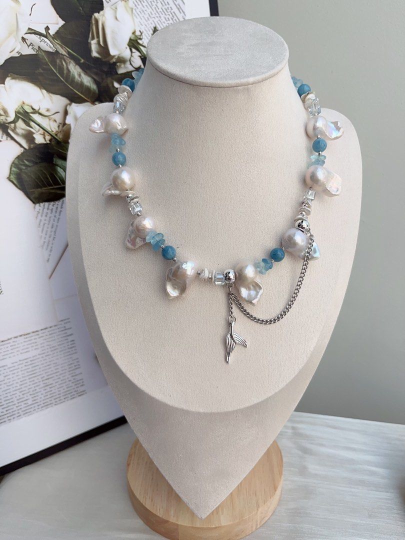 #PN858 Freshwater Pearl Necklace | Fishtail Baroque | Aquamarine Chips| Layered Petals| Mediterranean Style | Dangling Fishtail| Mermaid Tears