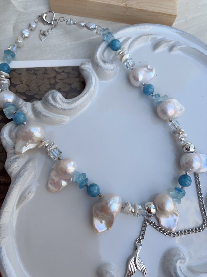 #PN858 Freshwater Pearl Necklace | Fishtail Baroque | Aquamarine Chips| Layered Petals| Mediterranean Style | Dangling Fishtail| Mermaid Tears