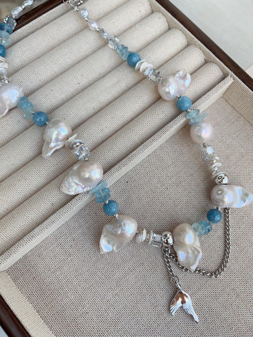 #PN858 Freshwater Pearl Necklace | Fishtail Baroque | Aquamarine Chips| Layered Petals| Mediterranean Style | Dangling Fishtail| Mermaid Tears