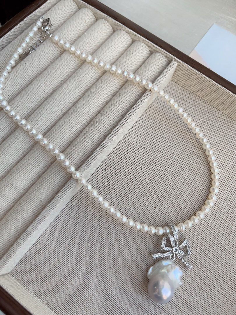 #PN859 Princess On the Run| Freshwater Pearl Necklace | Removable Pendant | 4-5mm Baby Pearl| Grey Blue 23mm Fishtail Baroque | Bow Tie| Lustrous