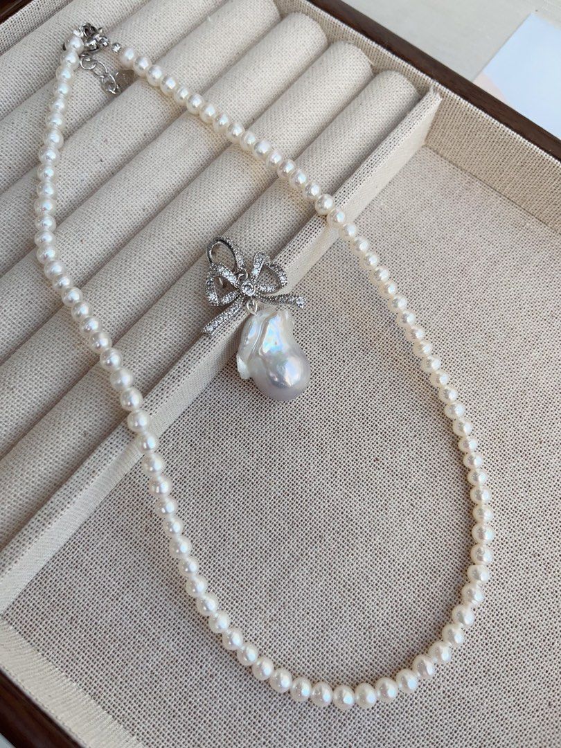 #PN859 Princess On the Run| Freshwater Pearl Necklace | Removable Pendant | 4-5mm Baby Pearl| Grey Blue 23mm Fishtail Baroque | Bow Tie| Lustrous