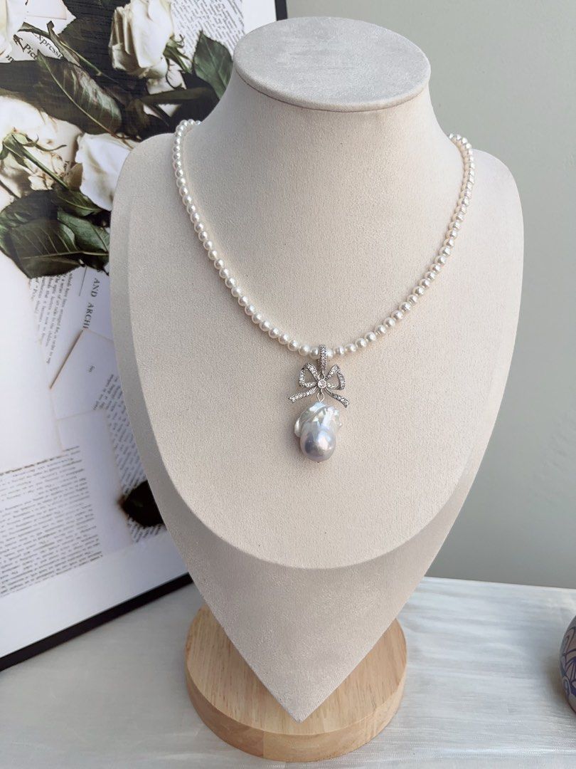 #PN859 Princess On the Run| Freshwater Pearl Necklace | Removable Pendant | 4-5mm Baby Pearl| Grey Blue 23mm Fishtail Baroque | Bow Tie| Lustrous