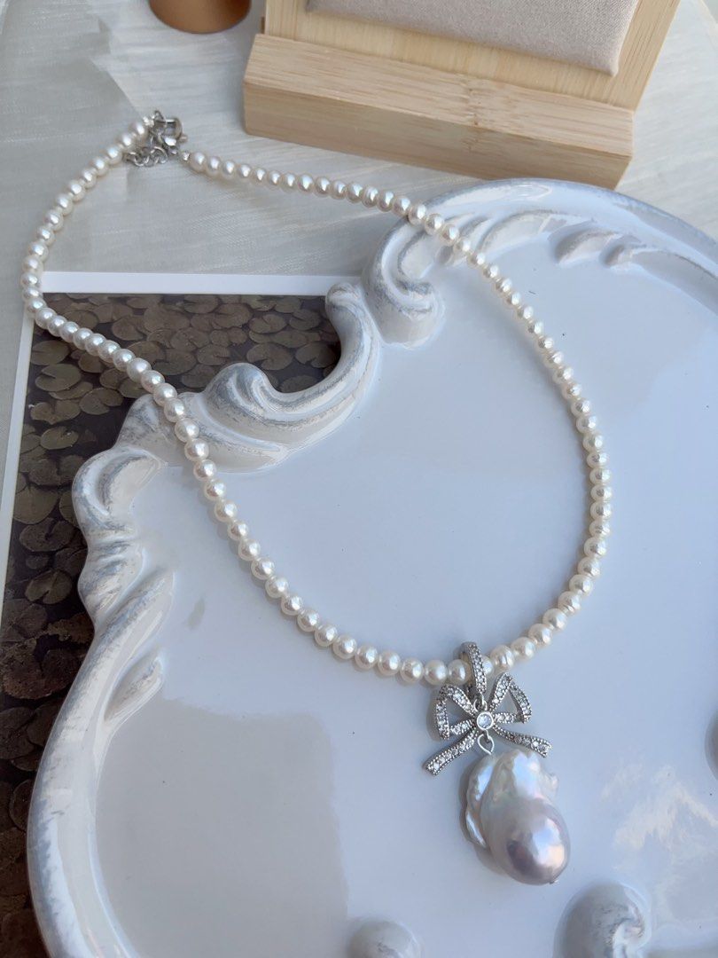 #PN859 Princess On the Run| Freshwater Pearl Necklace | Removable Pendant | 4-5mm Baby Pearl| Grey Blue 23mm Fishtail Baroque | Bow Tie| Lustrous