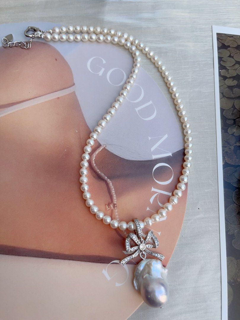 #PN859 Princess On the Run| Freshwater Pearl Necklace | Removable Pendant | 4-5mm Baby Pearl| Grey Blue 23mm Fishtail Baroque | Bow Tie| Lustrous