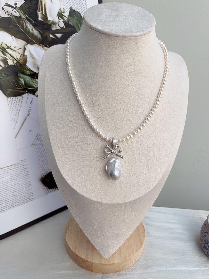 #PN859 Princess On the Run| Freshwater Pearl Necklace | Removable Pendant | 4-5mm Baby Pearl| Grey Blue 23mm Fishtail Baroque | Bow Tie| Lustrous